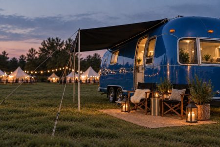 Beth the Blue Airstream, in festival field with outdoor seating and candles